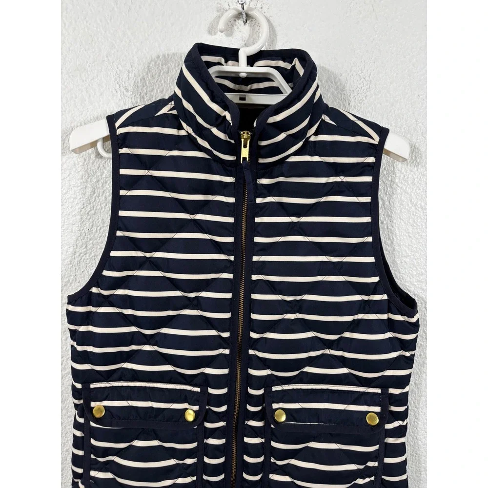 J Crew Quilted Puffer Vest Navy Blue Beige Stripe XS Sleeveless Full Zip Pockets
